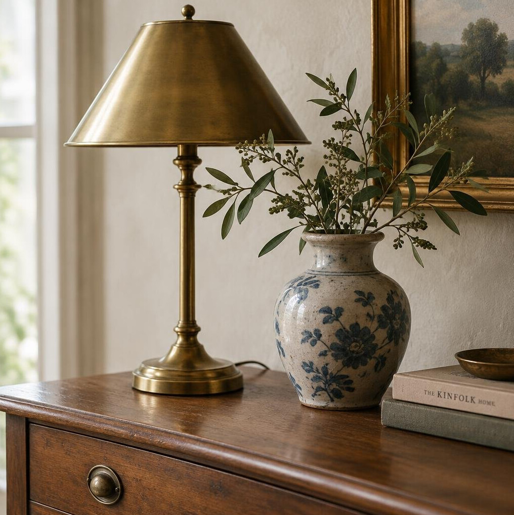 Vintage lamp and ceramic vase styled on a console table
