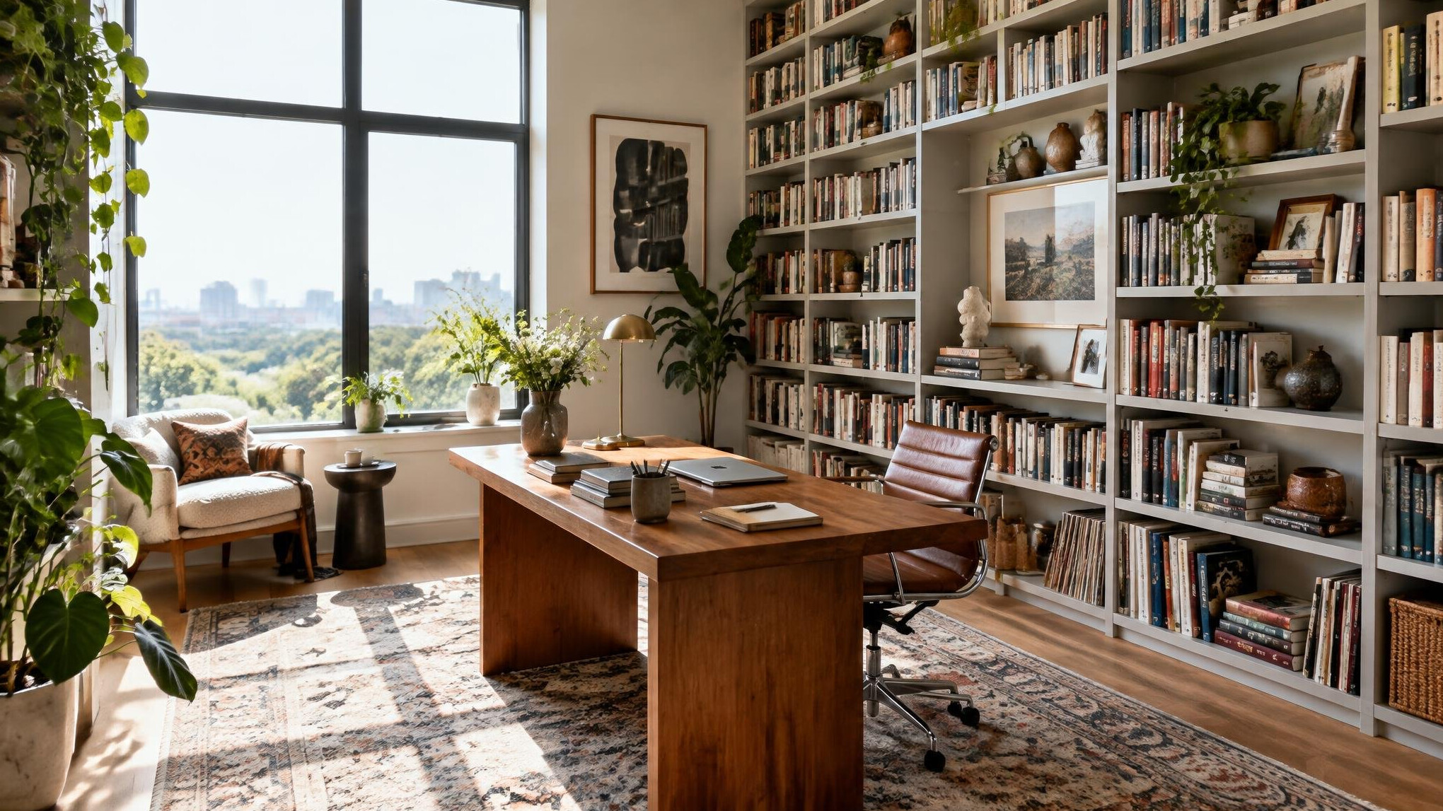 Creative home office with bookshelves and natural light