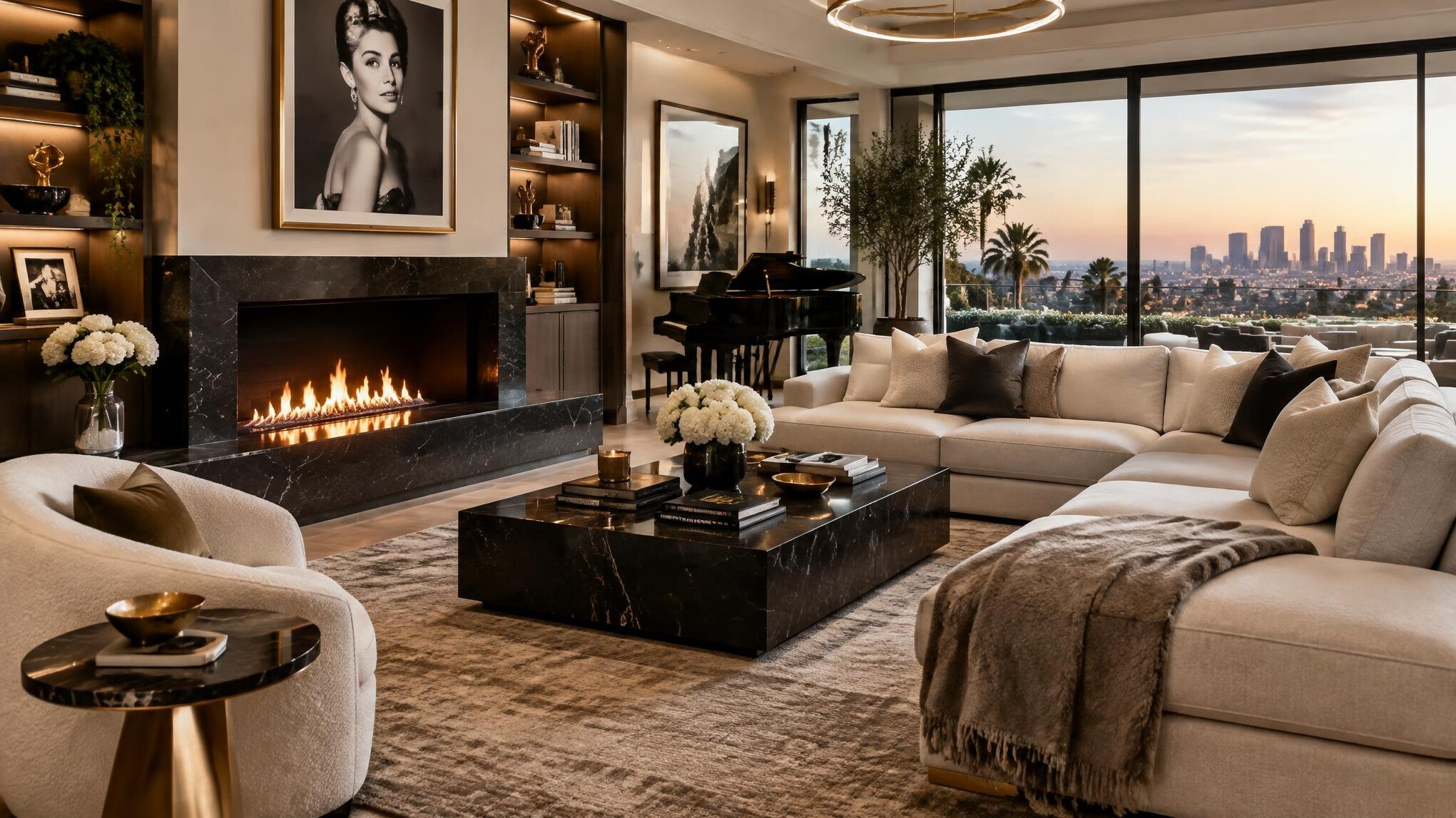 luxury living room with fireplace