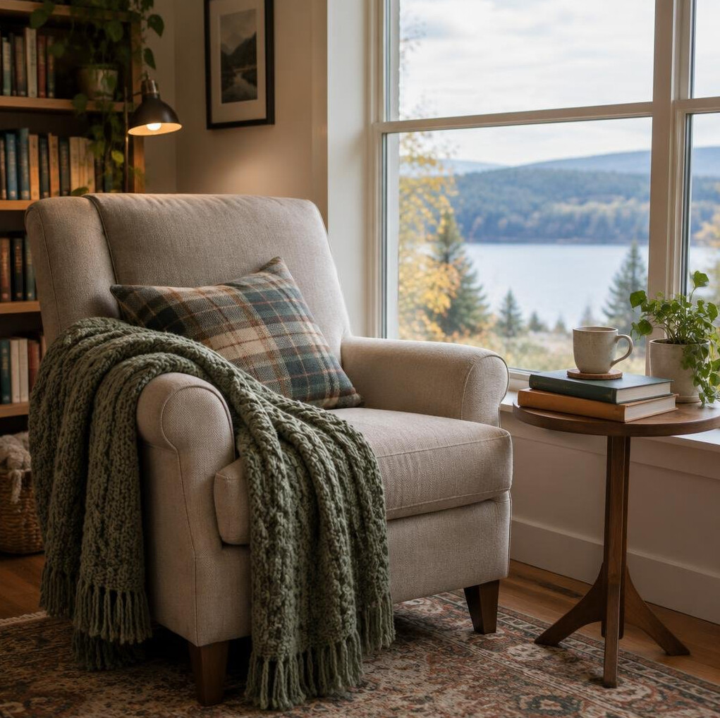 Cozy reading nook with armchair and blanket