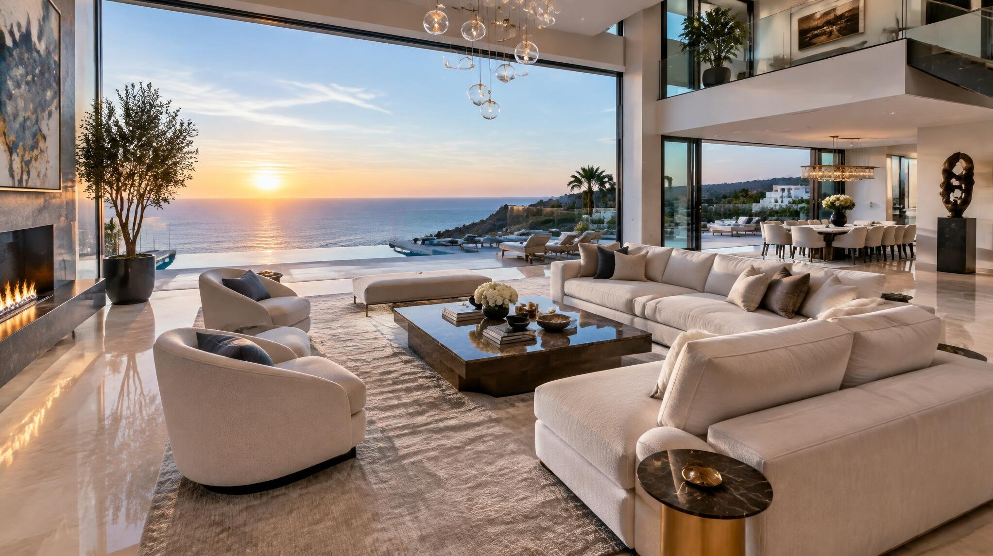 luxury villa living room with ocean view