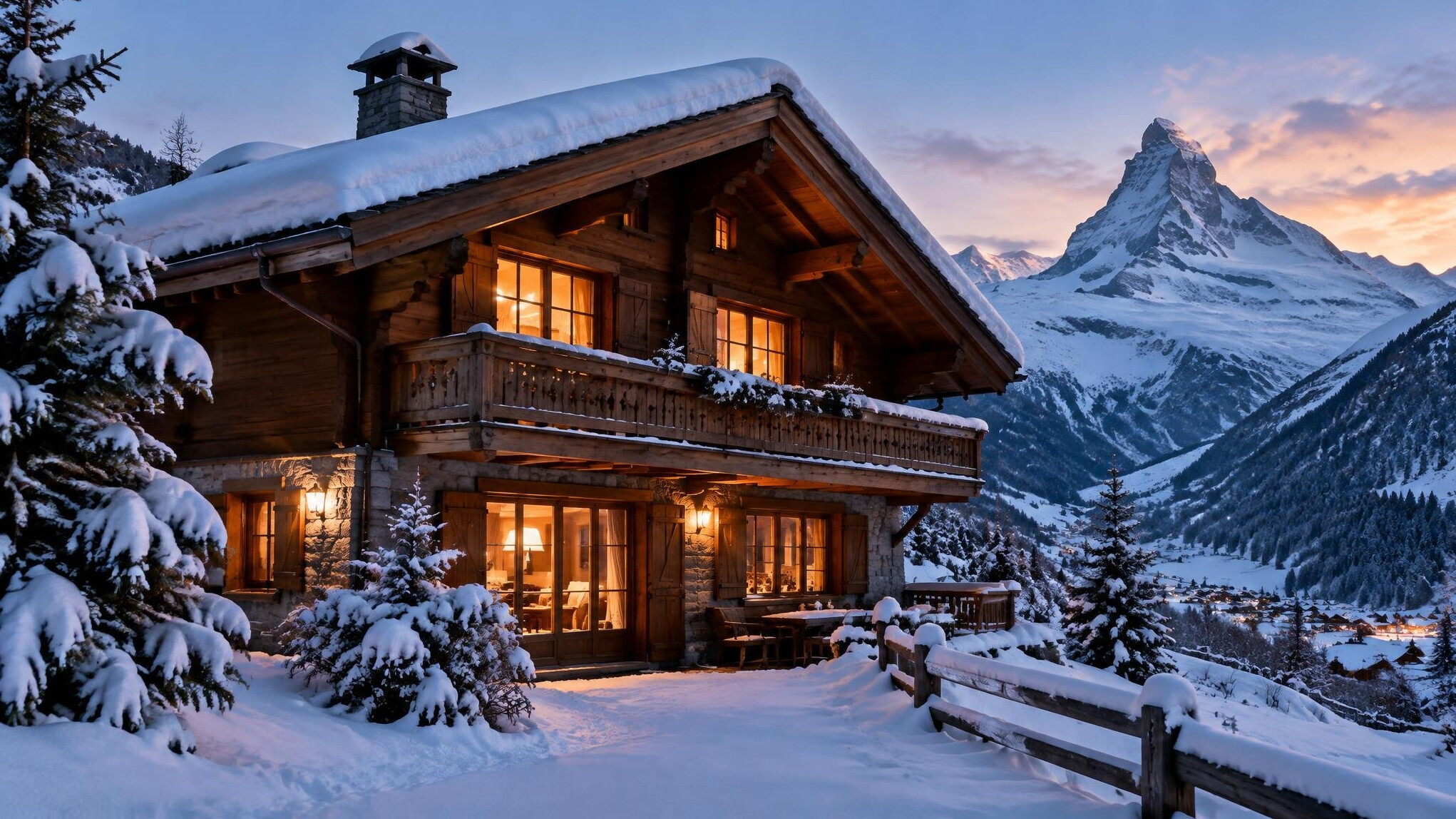 Snow-covered Swiss chalet exterior at dusk with warm lights