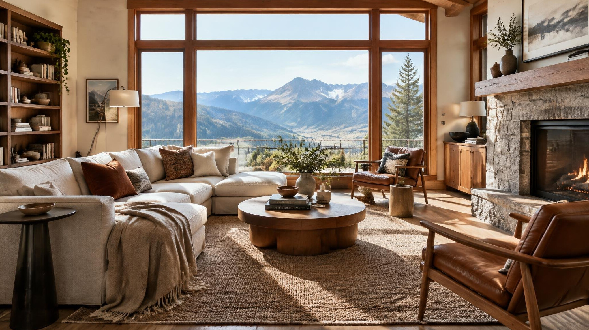 Elegant living room with large windows and warm wood tones