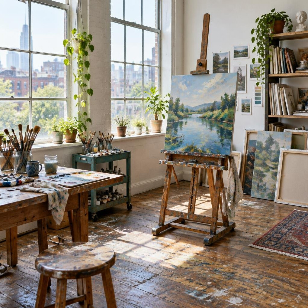 Artist creative studio workspace with easel