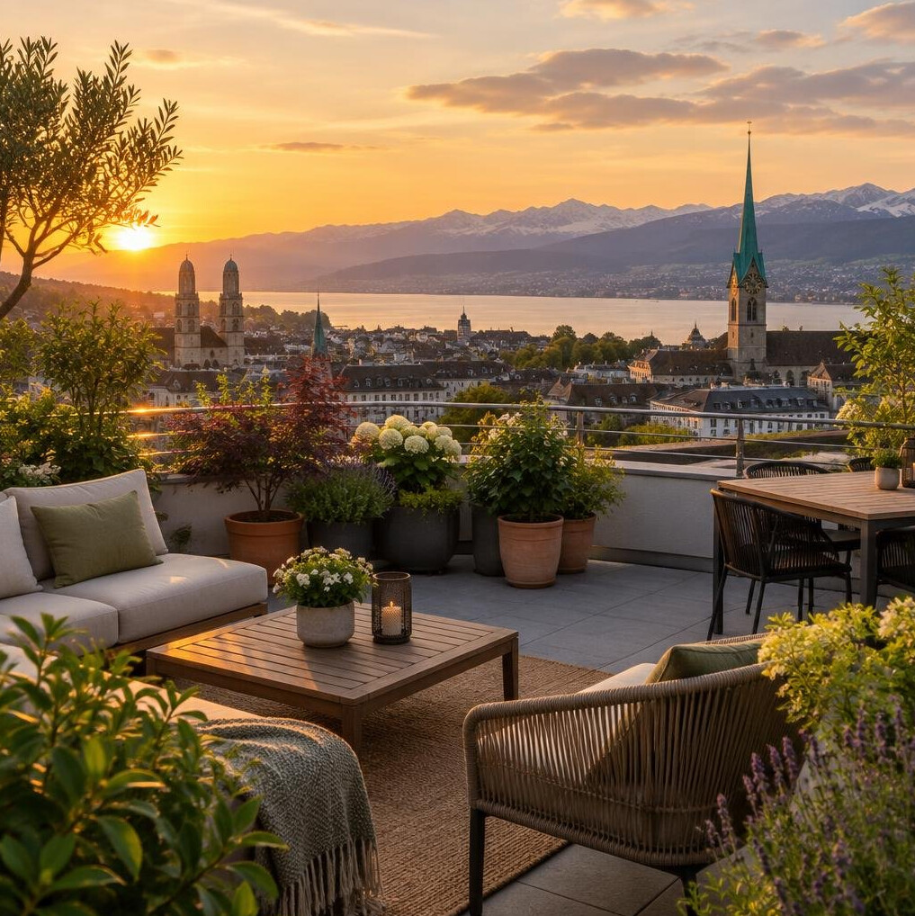 Rooftop terrace garden with city view